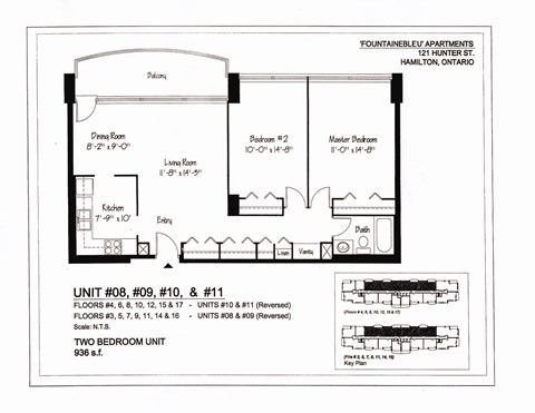 A floor plan for a two bedroom unit at Fountainebleu Apartments in Hamilton, Ontario.